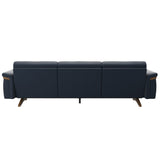 Stressless Stella Wood 3-Seater Sofa in Paloma Oxford Blue, rear three-quarter view, Teak wood