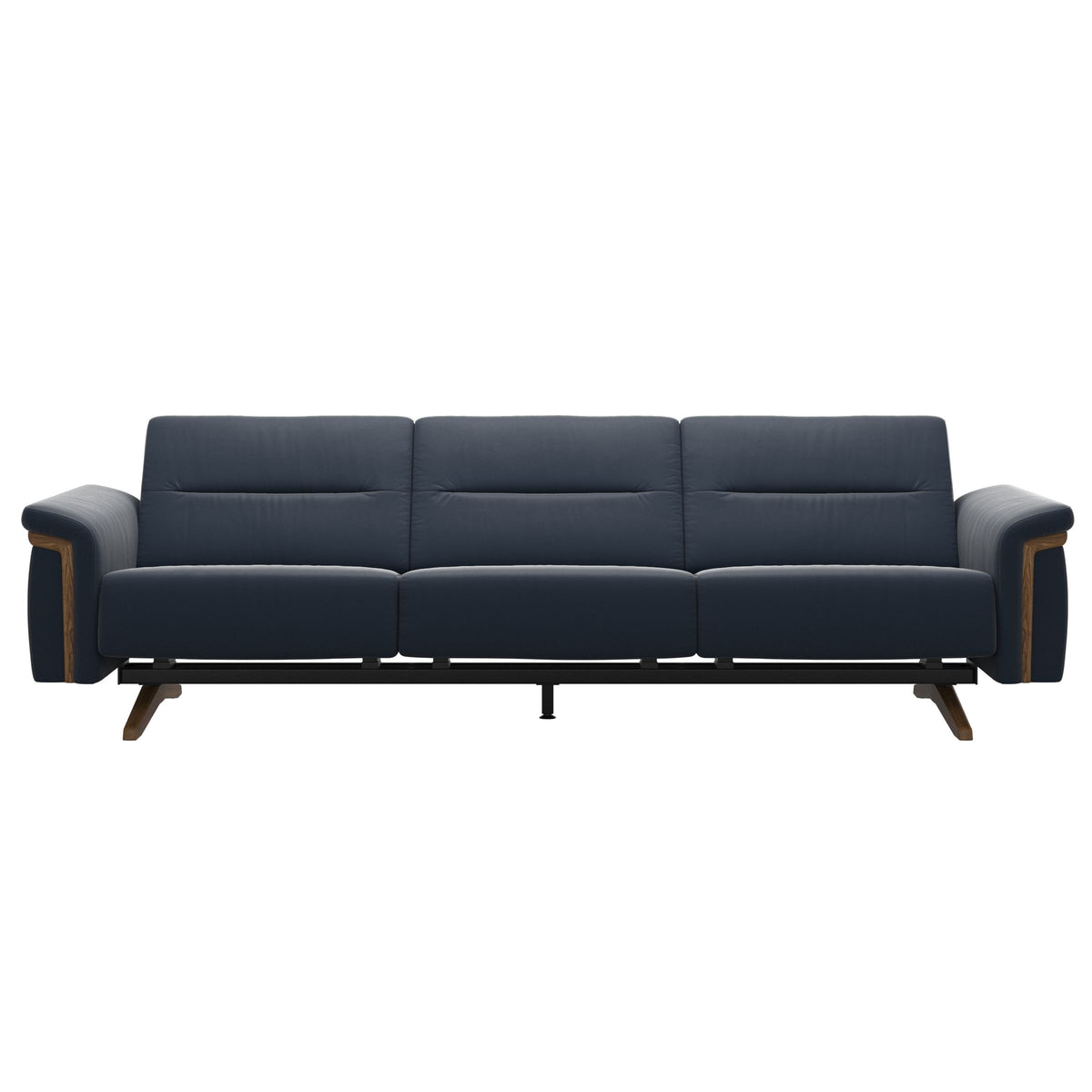 Stressless Stella Wood 3-Seater Sofa in Paloma Oxford Blue, front view, Teak wood