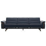 Stressless Stella Wood 3-Seater Sofa in Paloma Oxford Blue, front view, Teak wood