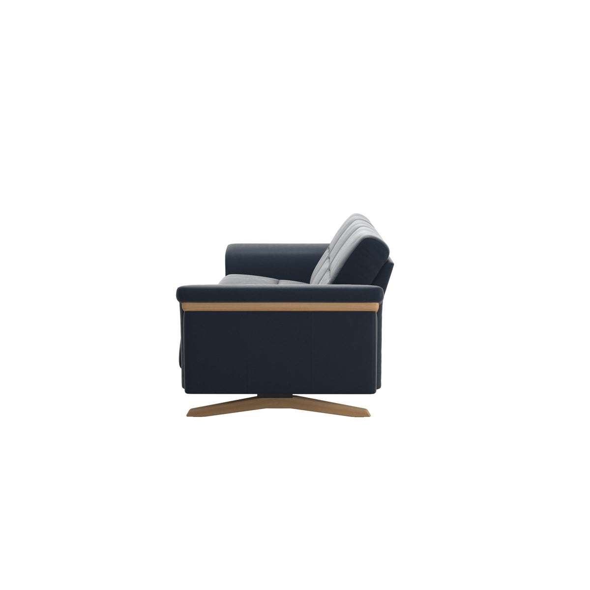 Stressless Stella Wood 3-Seater Sofa in Paloma Oxford Blue, back view, Oak wood