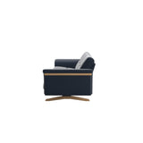 Stressless Stella Wood 3-Seater Sofa in Paloma Oxford Blue, back view, Oak wood