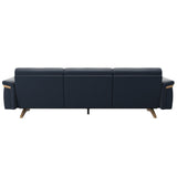 Stressless Stella Wood 3-Seater Sofa in Paloma Oxford Blue, rear three-quarter view, Oak wood