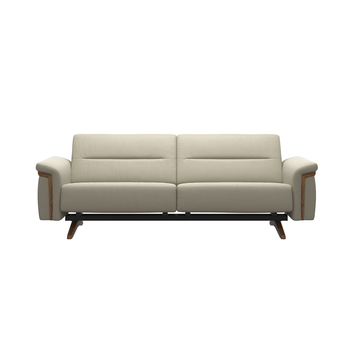 Stressless Stella Wood 2.5-Seater Sofa in Paloma Light Grey, front view, Teak wood