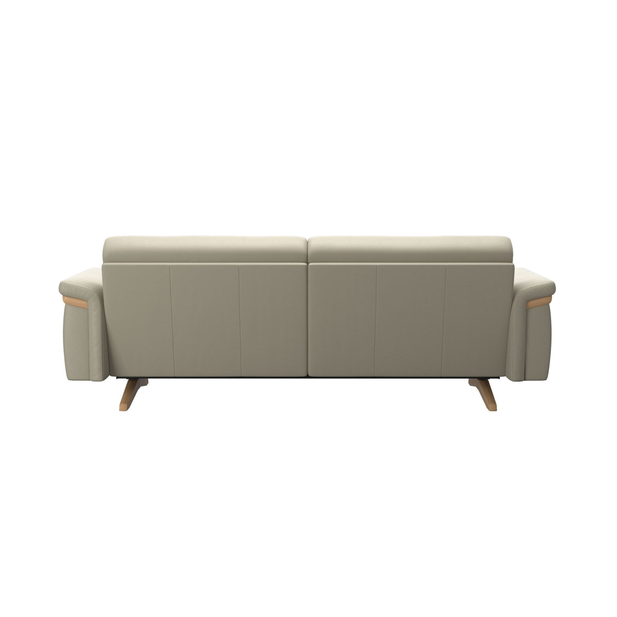 Stressless Stella Wood 2.5-Seater Sofa in Paloma Light Grey, rear three-quarter view, Oak wood