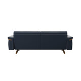 Stressless Stella Wood 2.5-Seater Sofa in Paloma Oxford Blue, rear three-quarter view, Teak wood