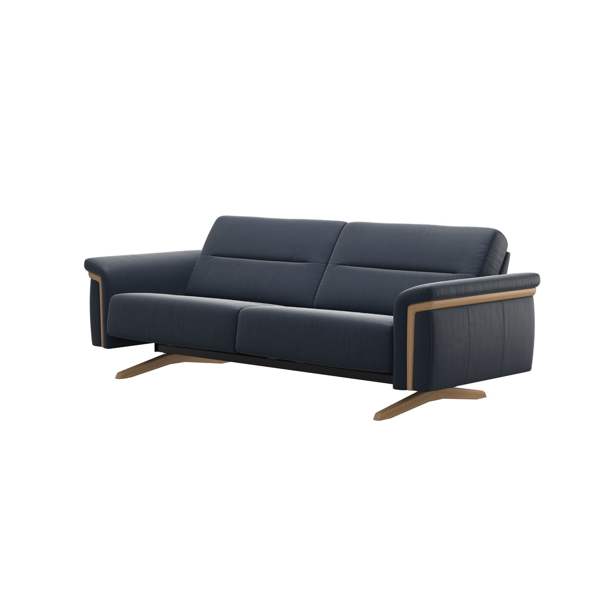 Stressless Stella Wood 2.5-Seater Sofa in Paloma Oxford Blue, side view, Oak wood