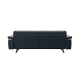 Stressless Stella Wood 2.5-Seater Sofa in Paloma Oxford Blue, rear three-quarter view, Oak wood