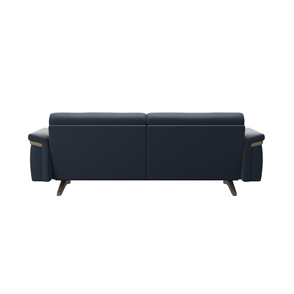 Stressless Stella Wood 2.5-Seater Sofa in Paloma Oxford Blue, Smoked Oak, rear three-quarter view