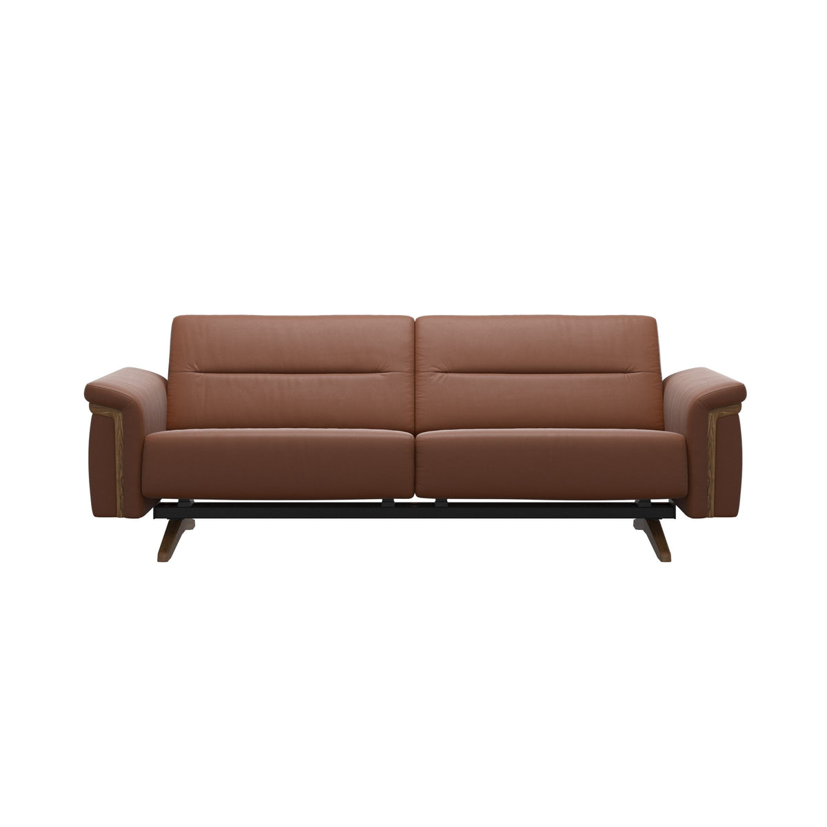 Stressless Stella Wood 2.5-Seater Sofa in Paloma New Cognac, front view, Teak wood