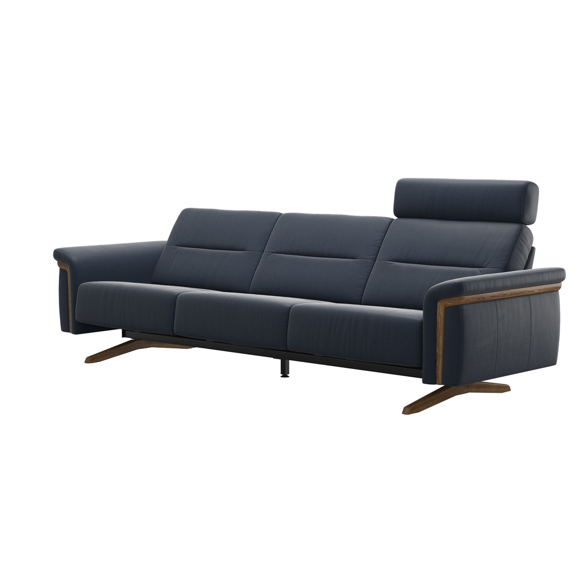 Stressless Stella Wood 3-Seater Sofa with Headrest in Paloma Oxford Blue, Teak, side view