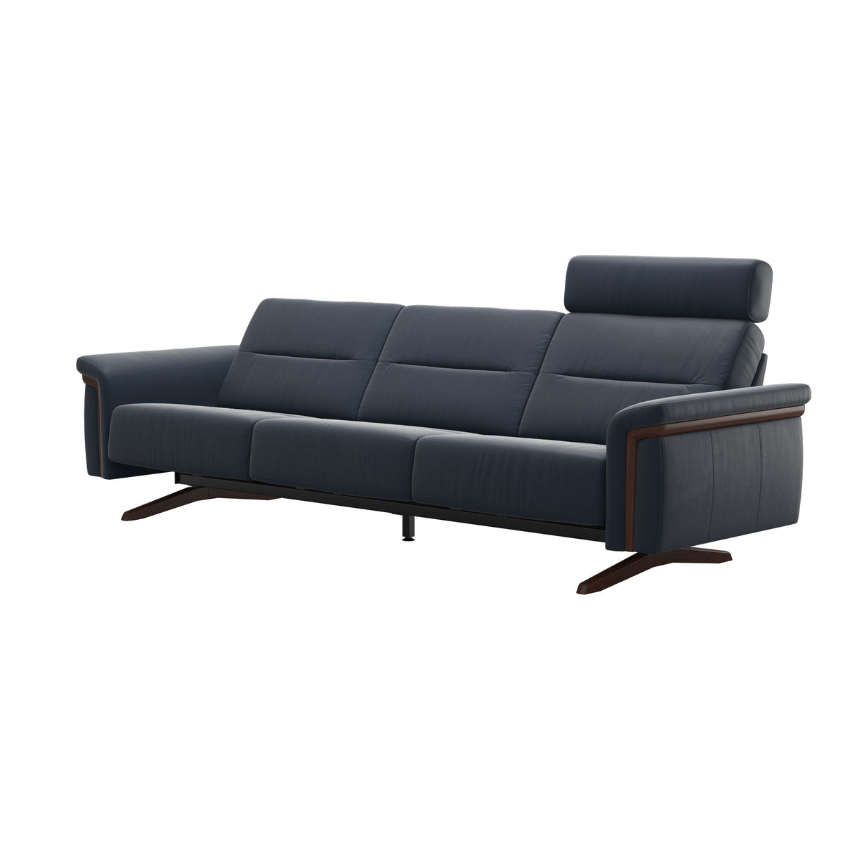 Stressless Stella Wood 3-Seater Sofa with Headrest in Paloma Oxford Blue, Brown, side view