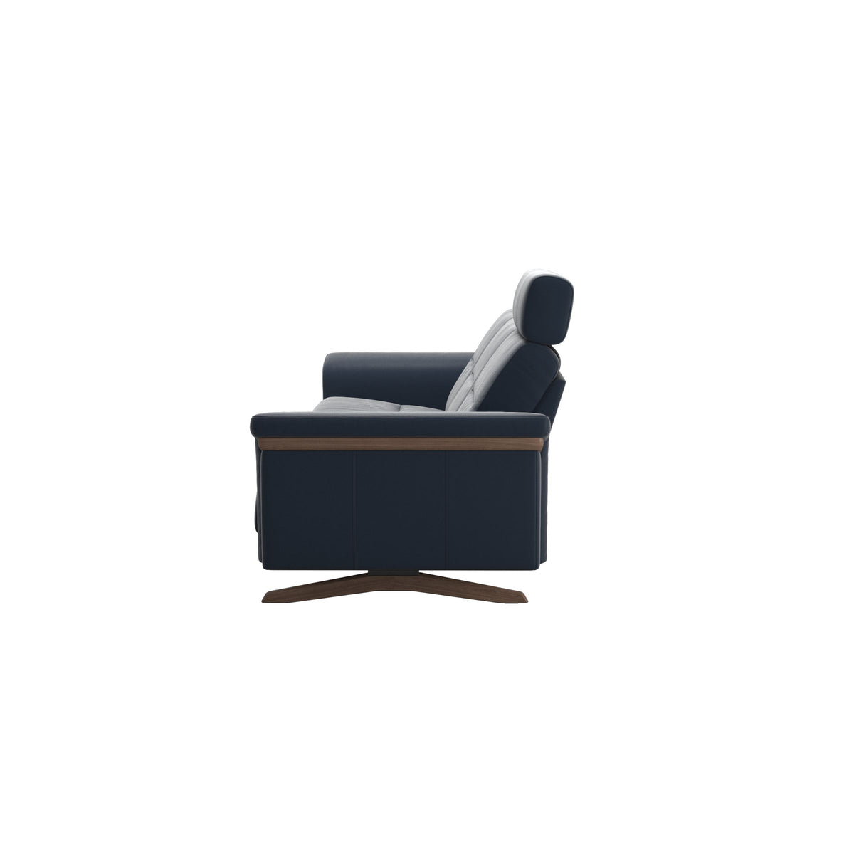 Stressless Stella Wood 3-Seater Sofa with Headrest in Paloma Oxford Blue, Walnut, back view