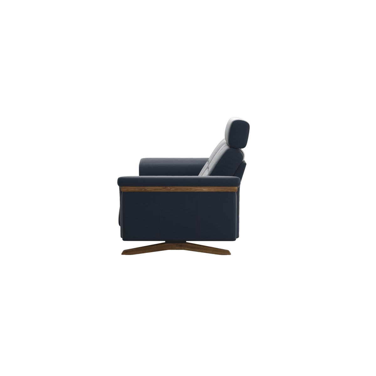 Stressless Stella Wood 2-Seater Sofa with Headrest in Paloma Oxford Blue, back view, Teak wood
