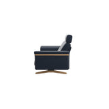 Stressless Stella Wood 2-Seater Sofa with Headrest in Paloma Oxford Blue, back view, Oak wood