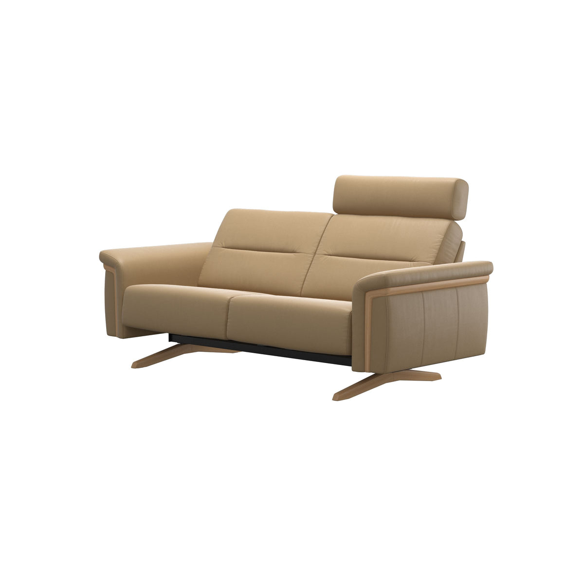 Stressless Stella Wood 2-Seater Sofa with Headrest in Paloma Sand, side view, Oak wood