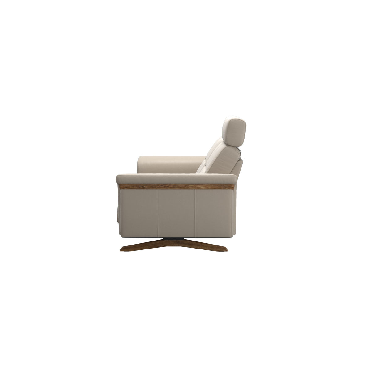 Stressless Stella Wood 2-Seater Sofa with Headrest in Paloma Fog, back view, Teak wood