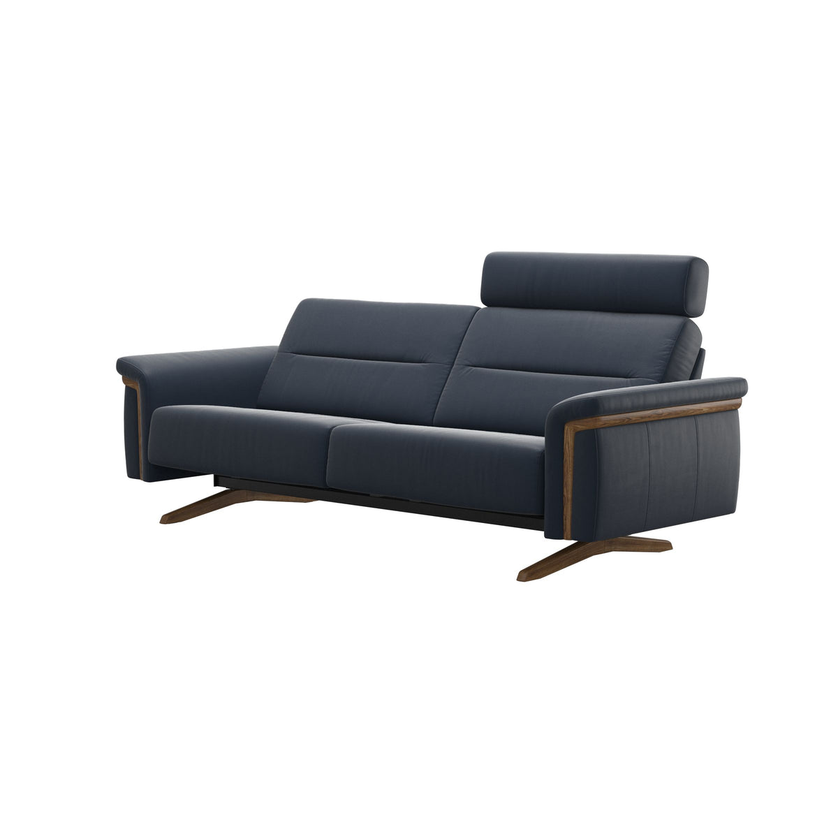 Stressless Stella Wood 2.5-Seater Sofa with Headrest in Paloma Oxford Blue, side view, Teak wood