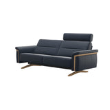 Stressless Stella Wood 2.5-Seater Sofa with Headrest in Paloma Oxford Blue, side view, Oak wood