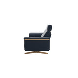 Stressless Stella Wood 2.5-Seater Sofa with Headrest in Paloma Oxford Blue, back view, Oak wood