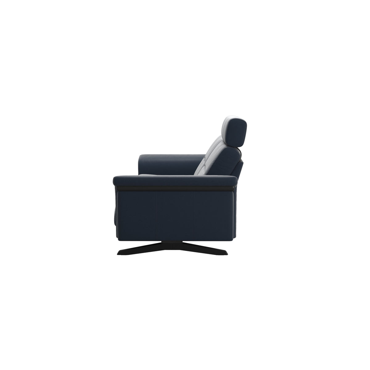 Stressless Stella Wood 2.5-Seater Sofa with Headrest in Paloma Oxford Blue, back view, Black wood