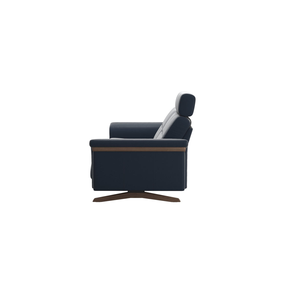 Stressless Stella Wood 2.5-Seater Sofa with Headrest in Paloma Oxford Blue, Walnut, back view