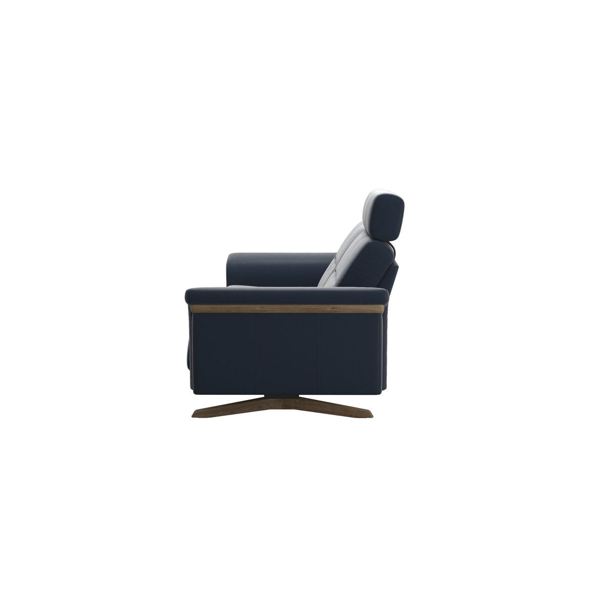 Stressless Stella Wood 2.5-Seater Sofa with Headrest in Paloma Oxford Blue, Smoked Oak, back view