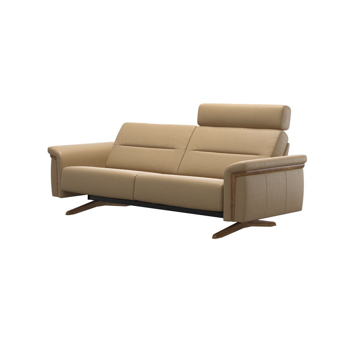 Stressless Stella Wood 2.5-Seater Sofa with Headrest in Paloma Sand, side view, Teak wood