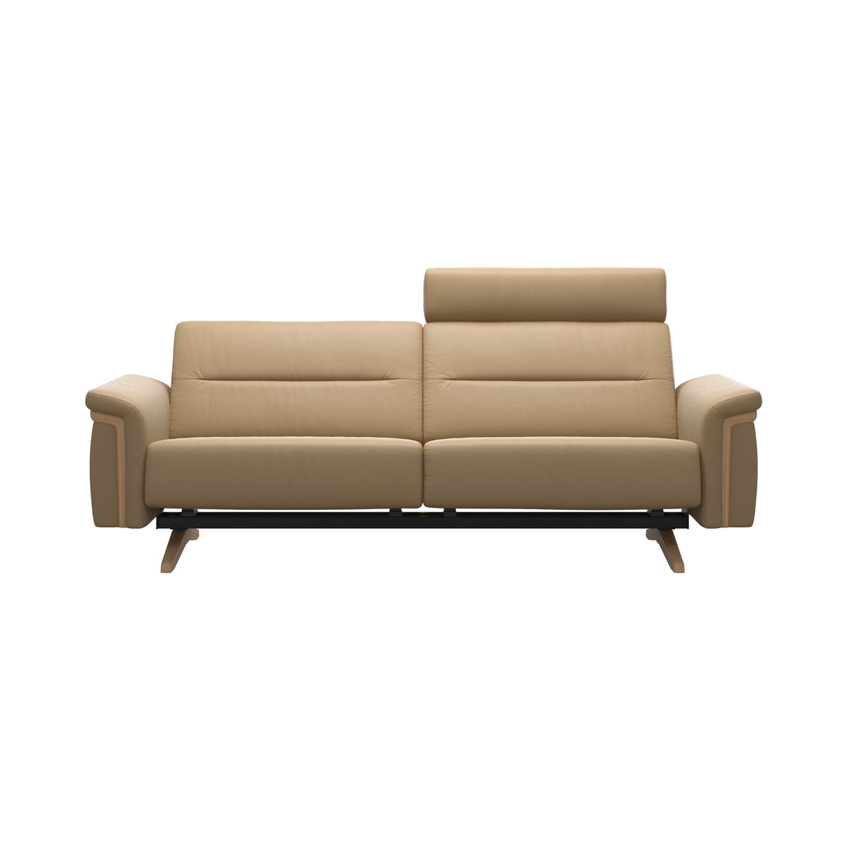 Stressless Stella Wood 2.5-Seater Sofa with Headrest in Paloma Sand, front view, Oak wood