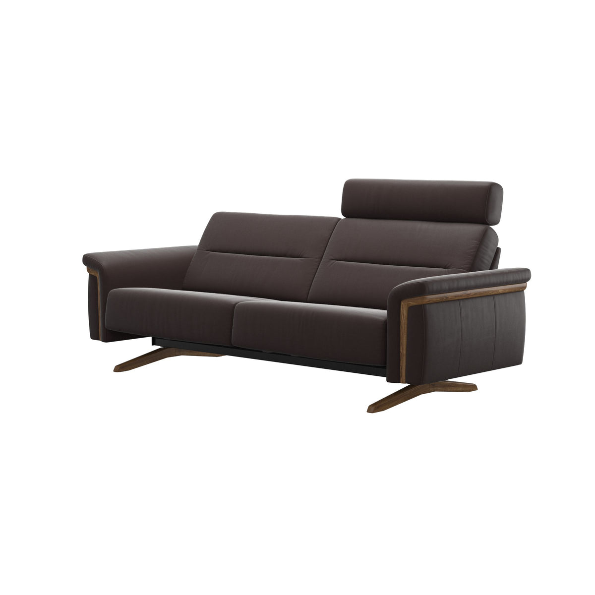 Stressless Stella Wood 2.5-Seater Sofa with Headrest in Paloma Chocolate, side view, Teak wood