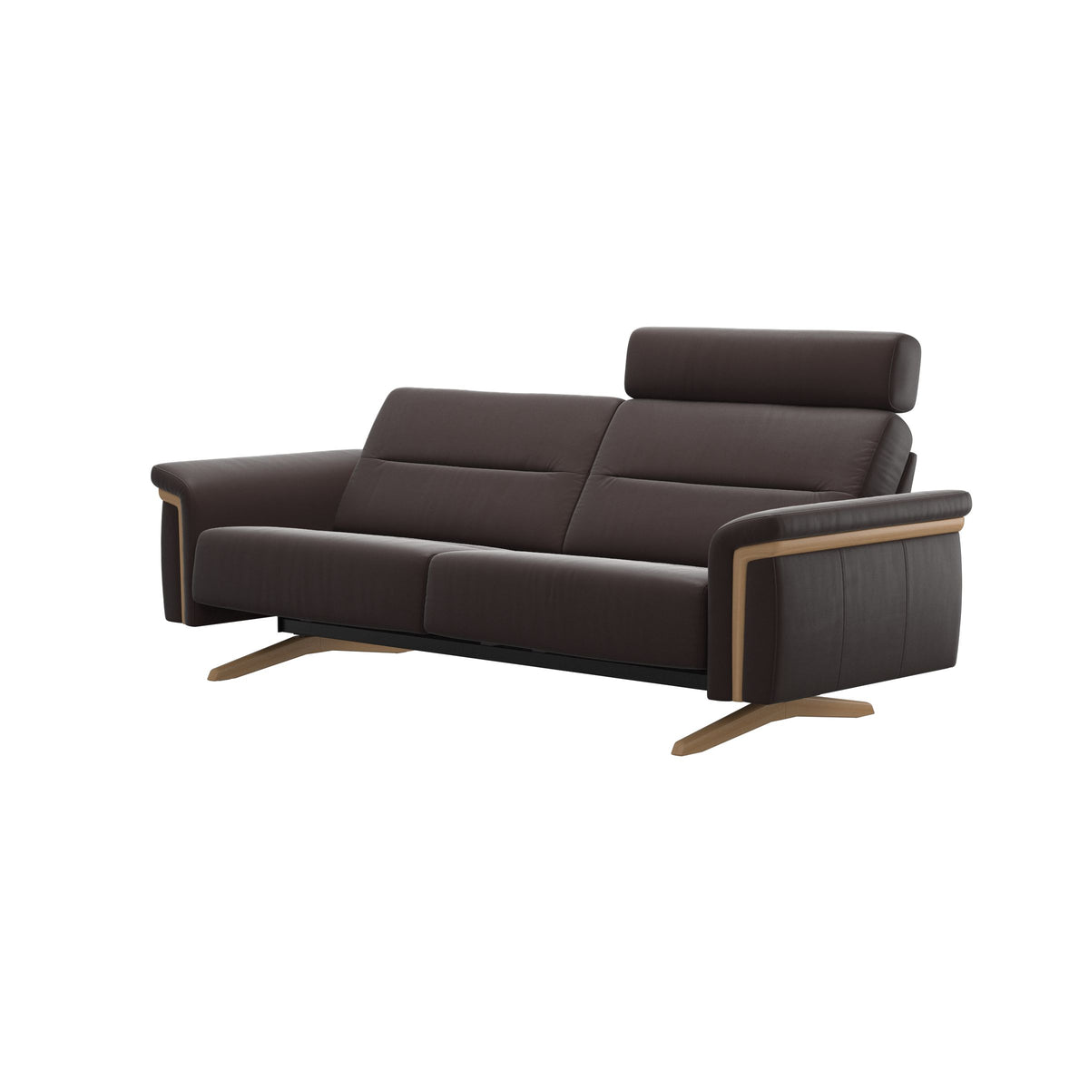 Stressless Stella Wood 2.5-Seater Sofa with Headrest in Paloma Chocolate, side view, Oak wood