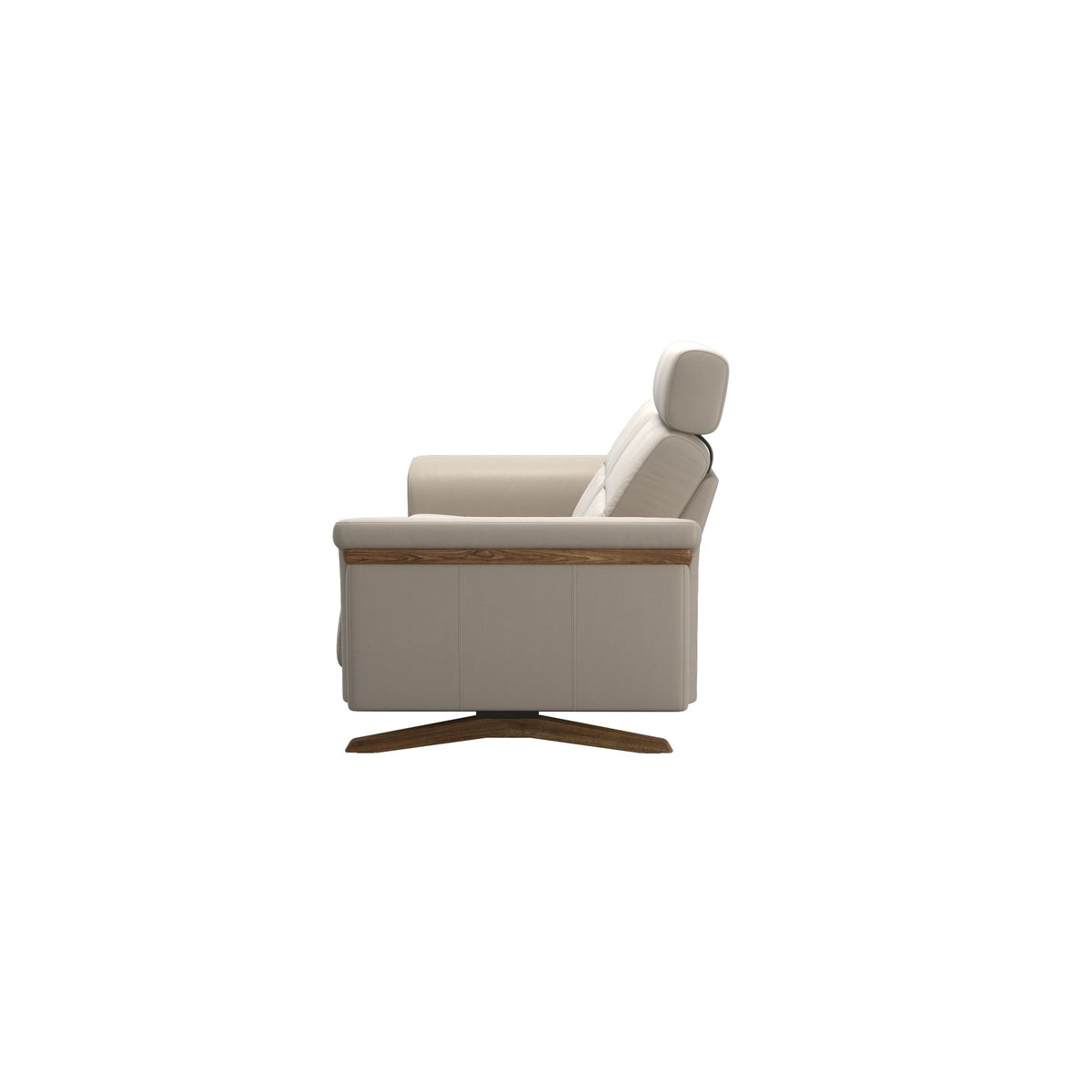 Stressless Stella Wood 2.5-Seater Sofa with Headrest in Paloma Fog, back view, Teak wood