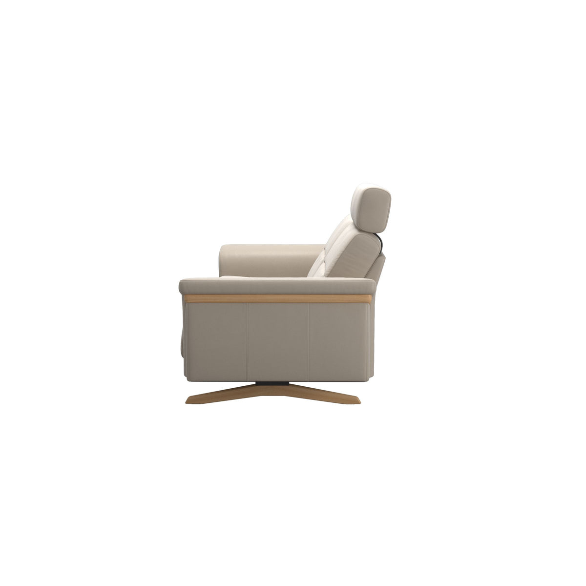 Stressless Stella Wood 2.5-Seater Sofa with Headrest in Paloma Fog, back view, Oak wood