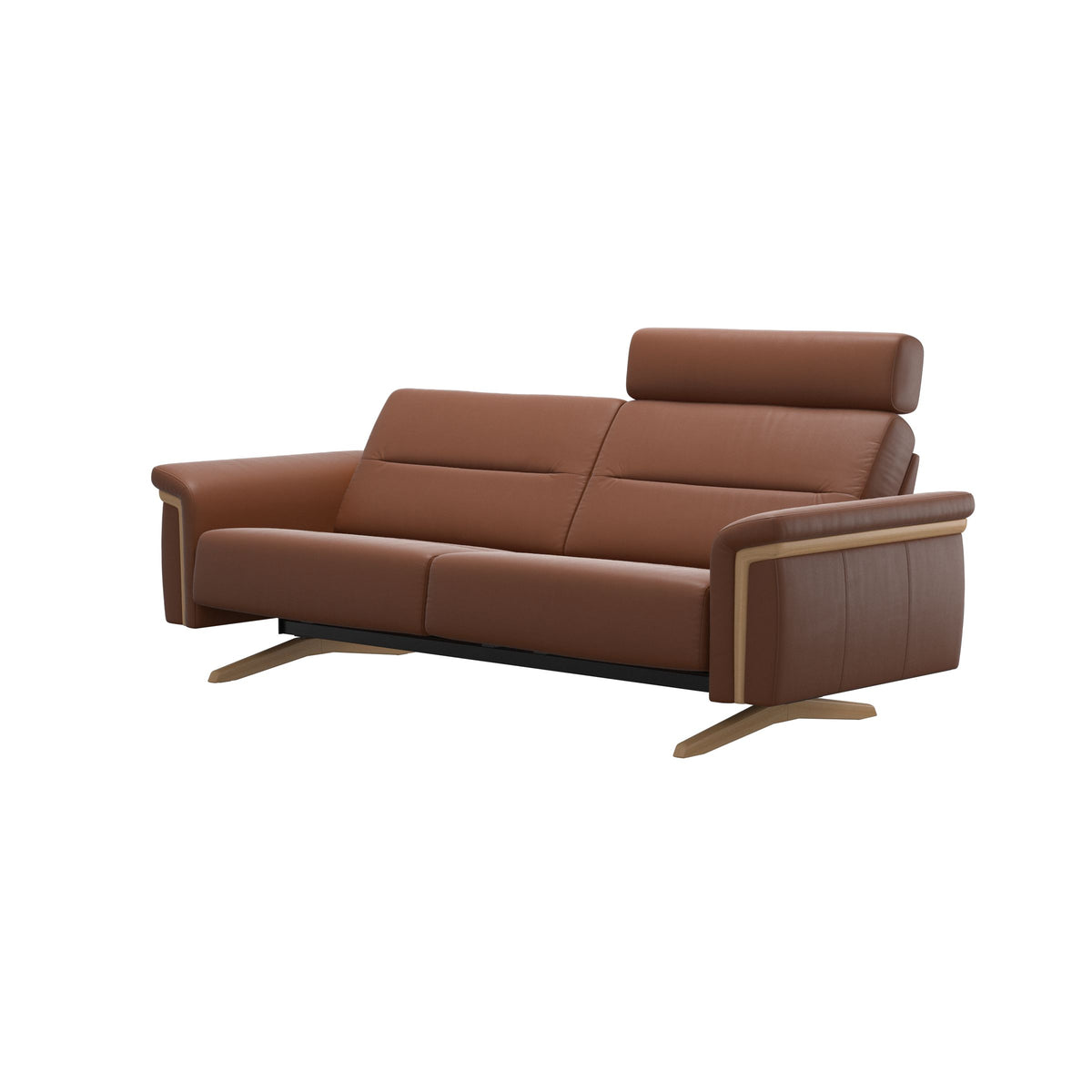 Stressless Stella Wood 2.5-Seater Sofa with Headrest in Paloma New Cognac, side view, Oak wood