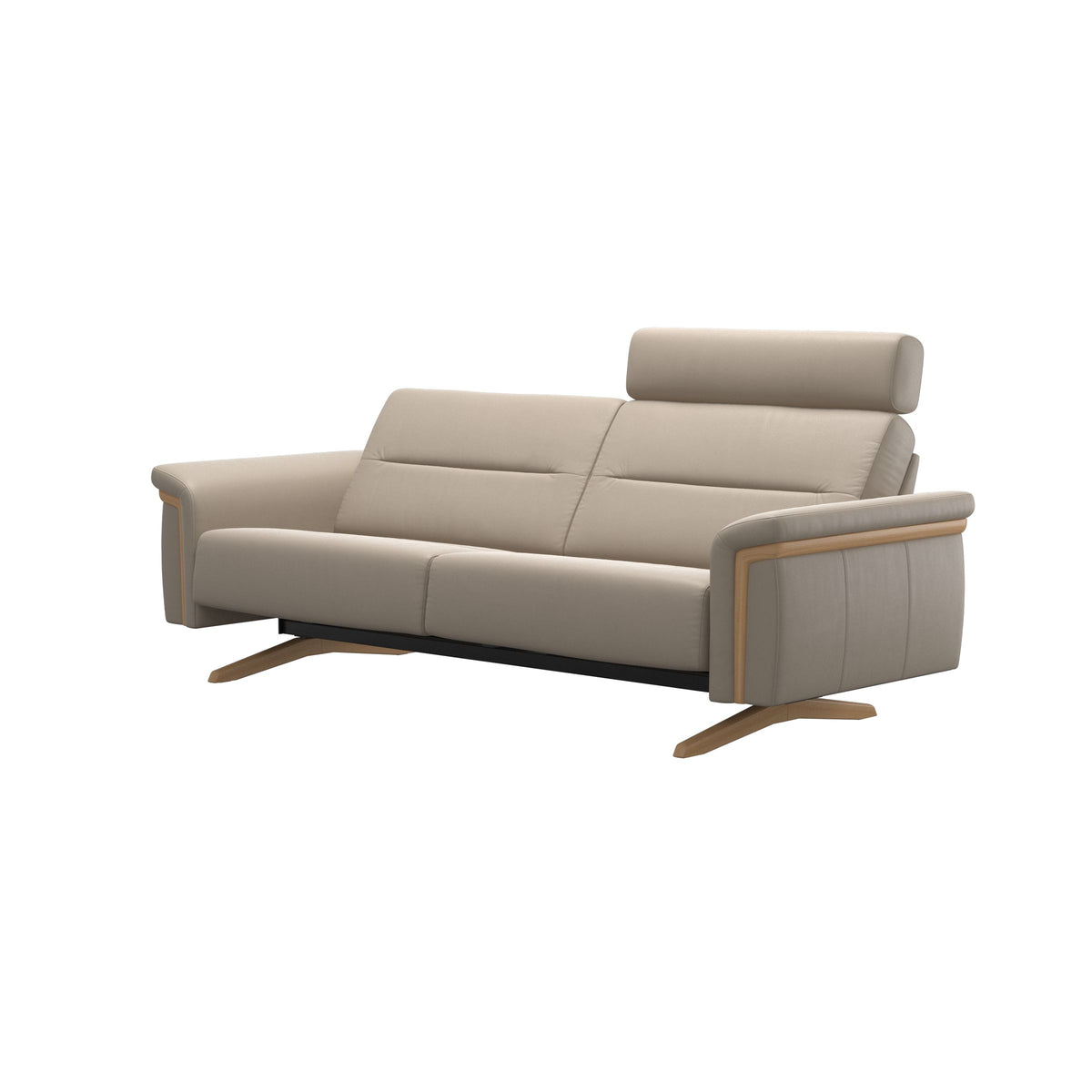 Stressless Stella Wood 2.5-Seater Sofa with Headrest in Paloma Mushroom, side view, Oak wood