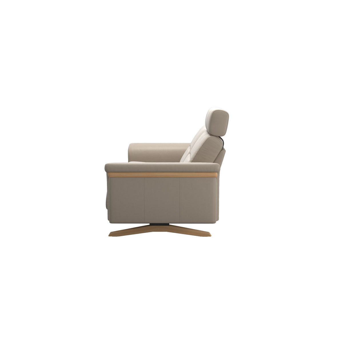 Stressless Stella Wood 2.5-Seater Sofa with Headrest in Paloma Mushroom, back view, Oak wood