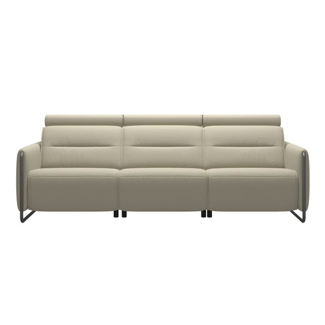 Stressless Emily Steel 3-Seater Sofa with 2 Power Seats in Paloma Light Grey with Polished Metal arm trim, front view