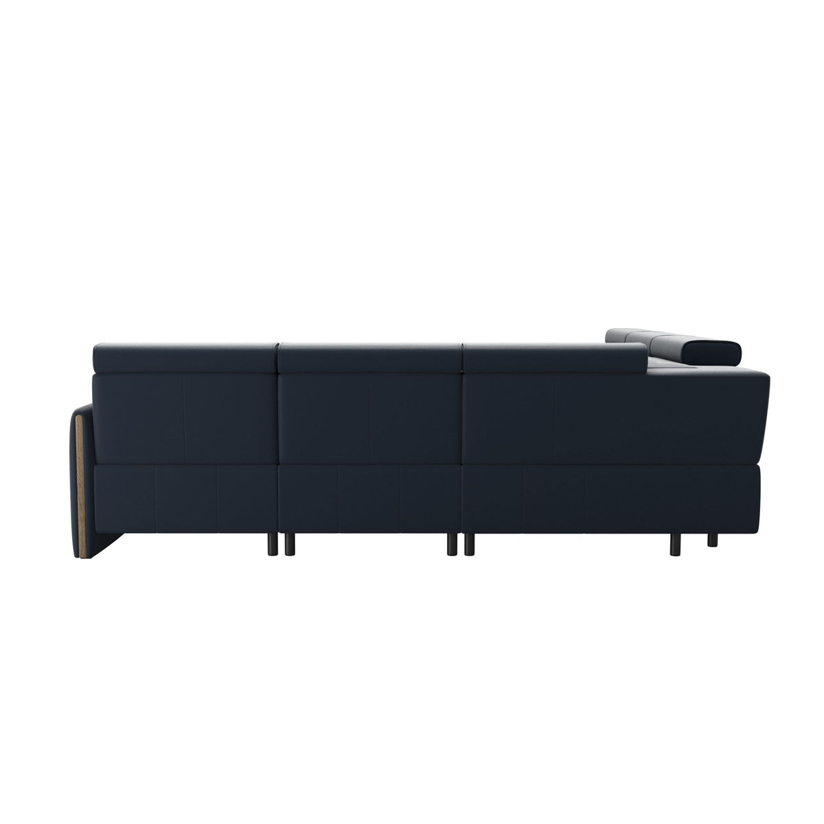Stressless Emily Wood C22 Corner Sofa with 2 Power Seats in Paloma Oxford Blue, Smoked Oak, rear three-quarter view