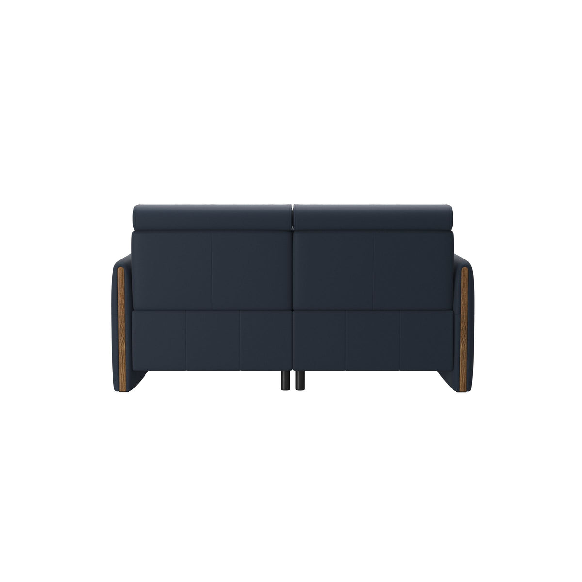 Stressless Emily Wood 2-Seater Sofa with 2 Power Seats in Paloma Oxford Blue, Teak, rear three-quarter view