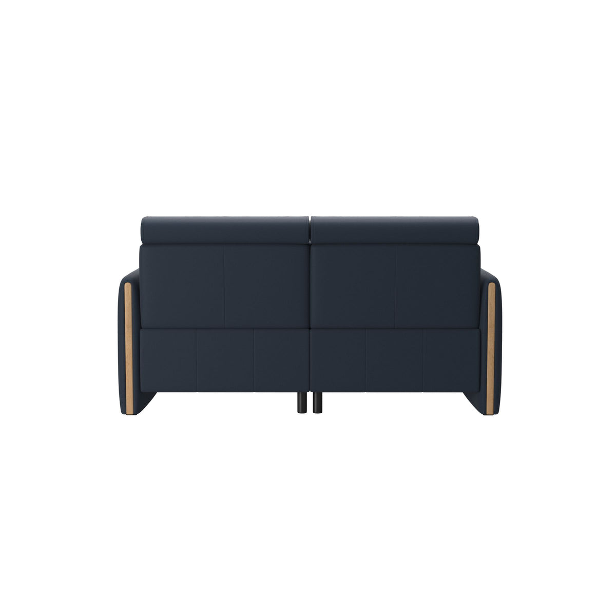 Stressless Emily Wood 2-Seater Sofa with 2 Power Seats in Paloma Oxford Blue, Oak, rear three-quarter view