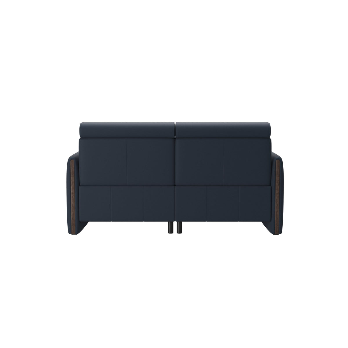 Stressless Emily Wood 2-Seater Sofa with 2 Power Seats in Paloma Oxford Blue, Wenge, rear three-quarter view
