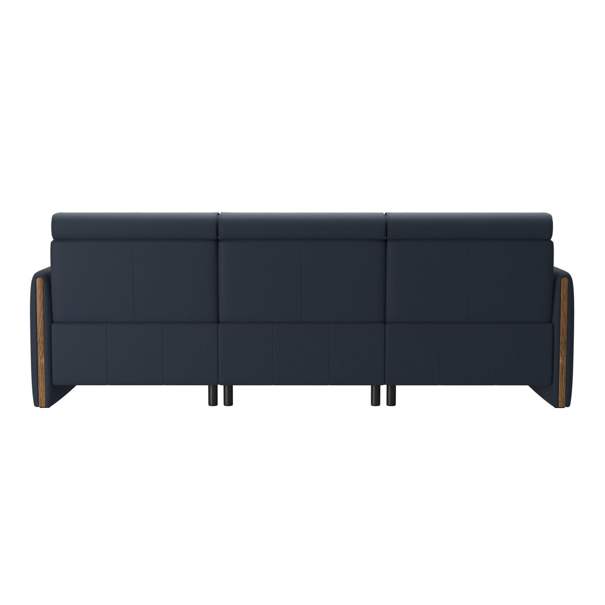 Stressless Emily Wood 3-Seater Sofa with 2 Power Seats in Paloma Oxford Blue, Teak, rear three-quarter view