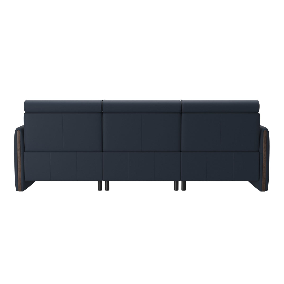 Stressless Emily Wood 3-Seater Sofa with 2 Power Seats in Paloma Oxford Blue, Wenge, rear three-quarter view