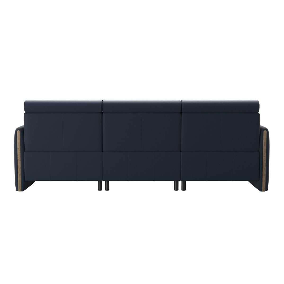 Stressless Emily Wood 3-Seater Sofa with 2 Power Seats in Paloma Oxford Blue, Smoked Oak, rear three-quarter view