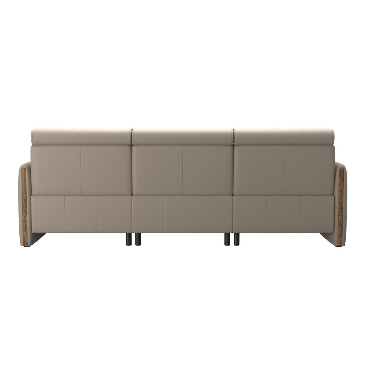Stressless Emily Wood 3-Seater Sofa with 2 Power Seats in Paloma Mushroom, Teak, rear three-quarter view