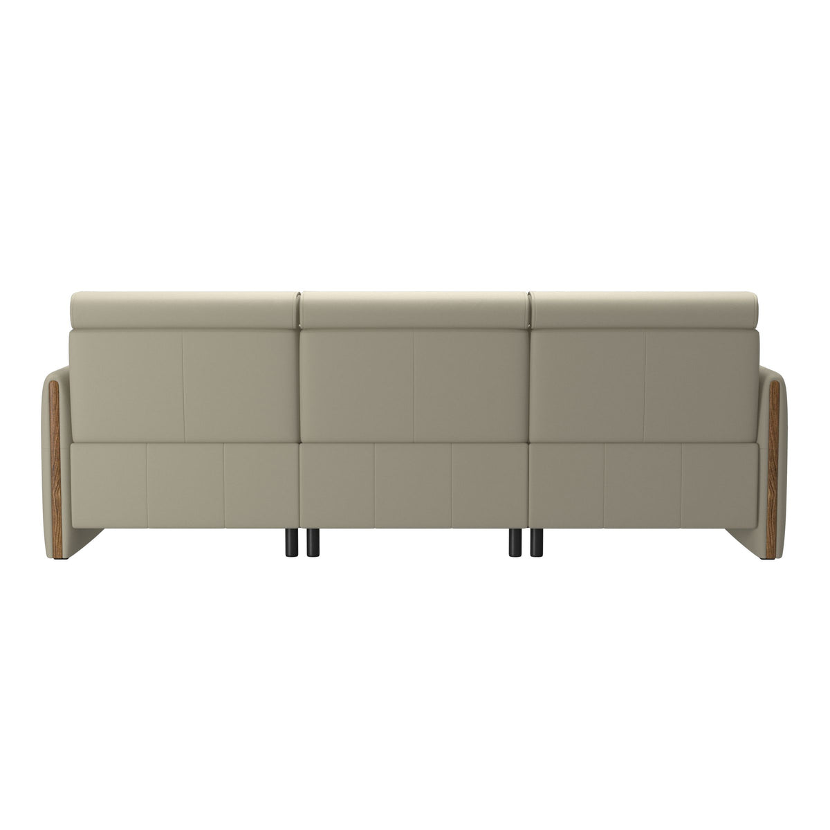 Stressless Emily Wood 2-Seater Sofa with 1 Power Seat and 1 Long Seat in Paloma Light Grey, Teak, rear three-quarter view