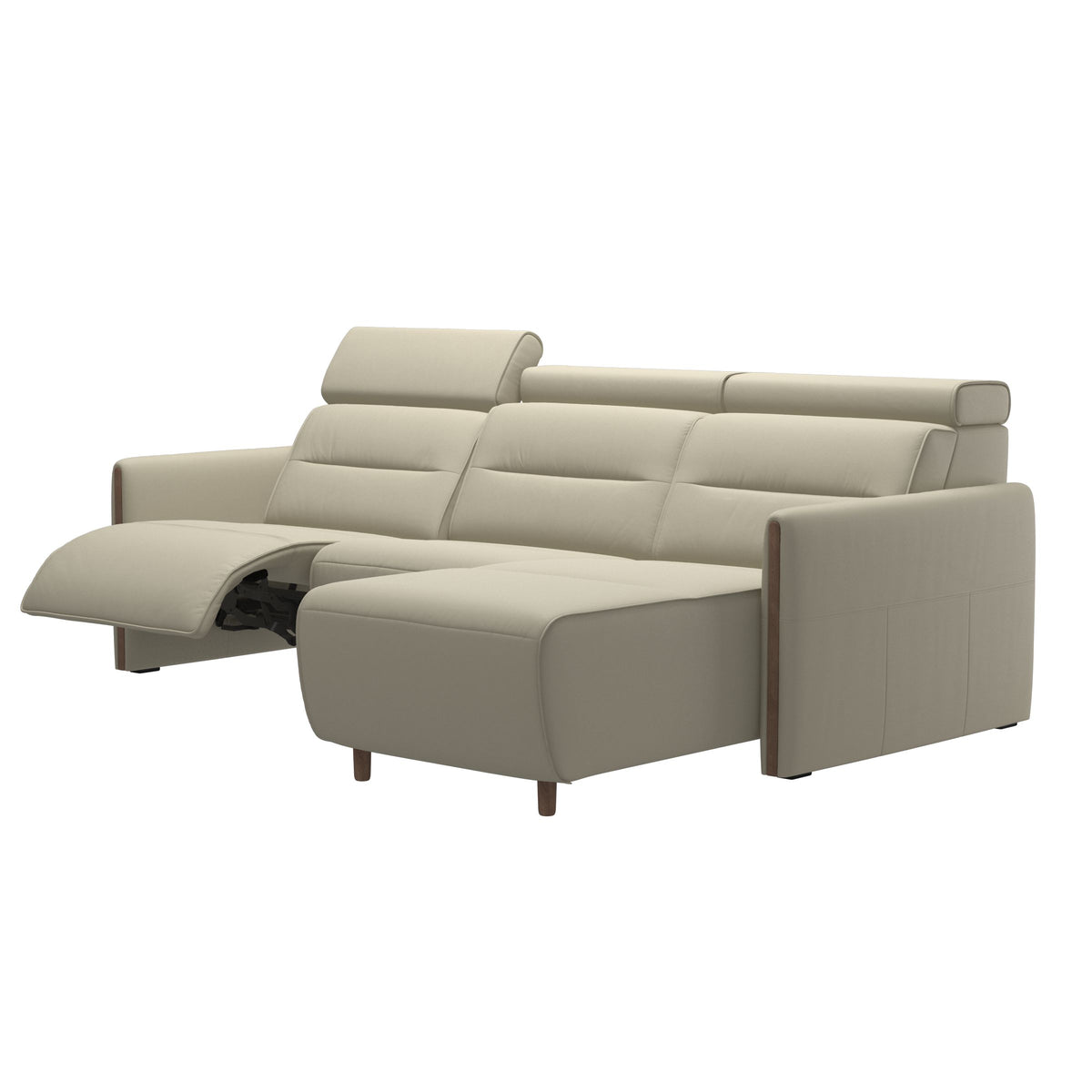 Stressless Emily Wood 2-Seater Sofa with 1 Power Seat and 1 Long Seat in Paloma Light Grey, Walnut, side view