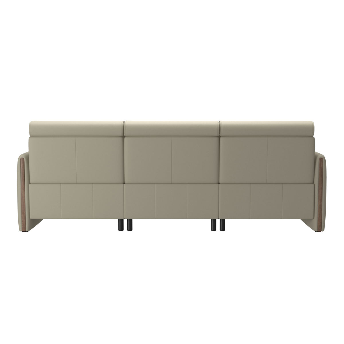 Stressless Emily Wood 2-Seater Sofa with 1 Power Seat and 1 Long Seat in Paloma Light Grey, Walnut, rear three-quarter view
