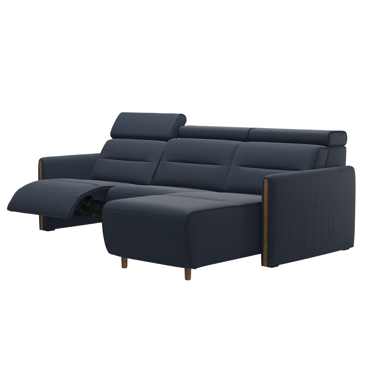 Stressless Emily Wood 2-Seater Sofa with 1 Power Seat and 1 Long Seat in Paloma Oxford Blue, Teak, side view