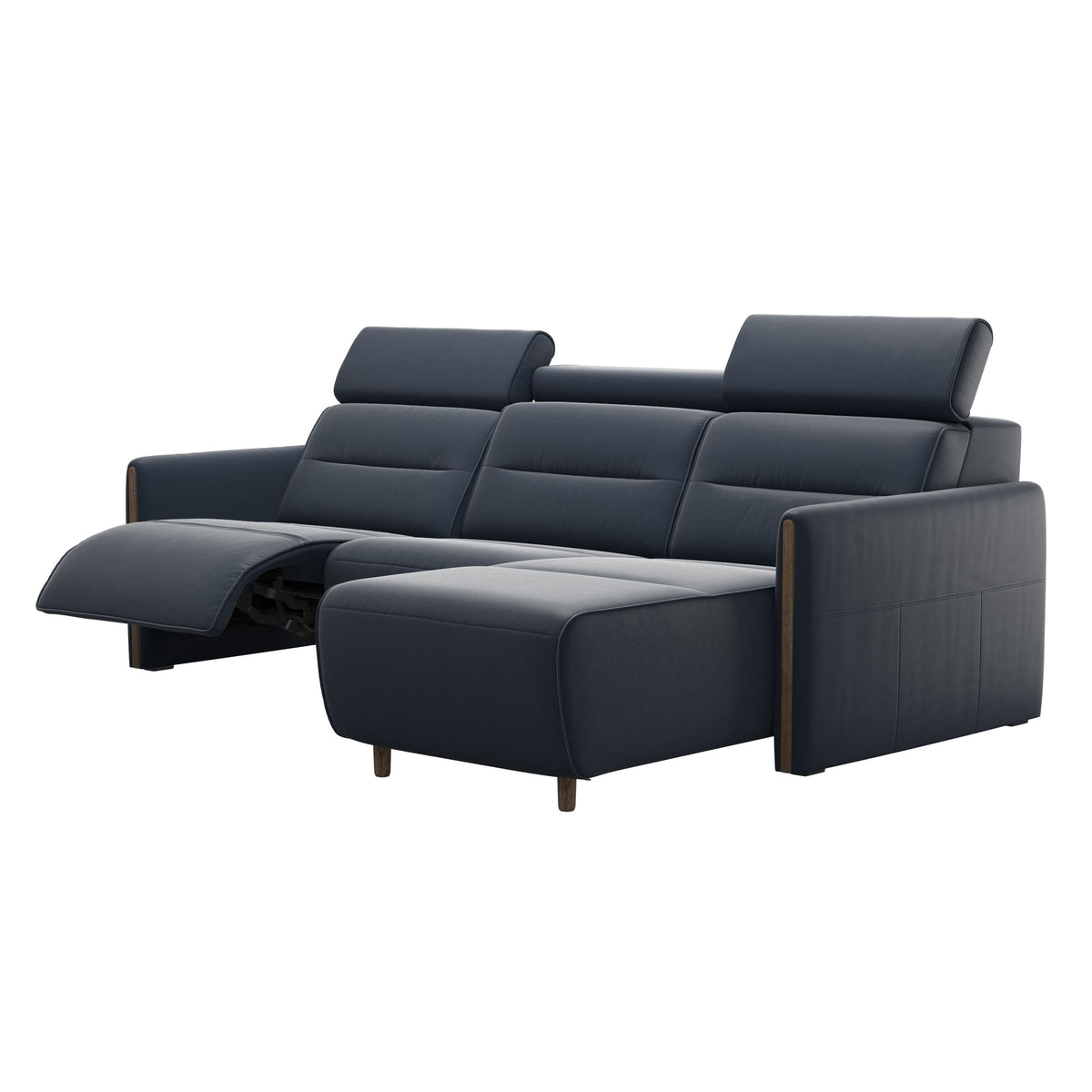 Emily Wood - 2-Seater Sofa with 1 Power Seat and 1 Long Seat - Paloma Oxford Blue - Smoked Oak