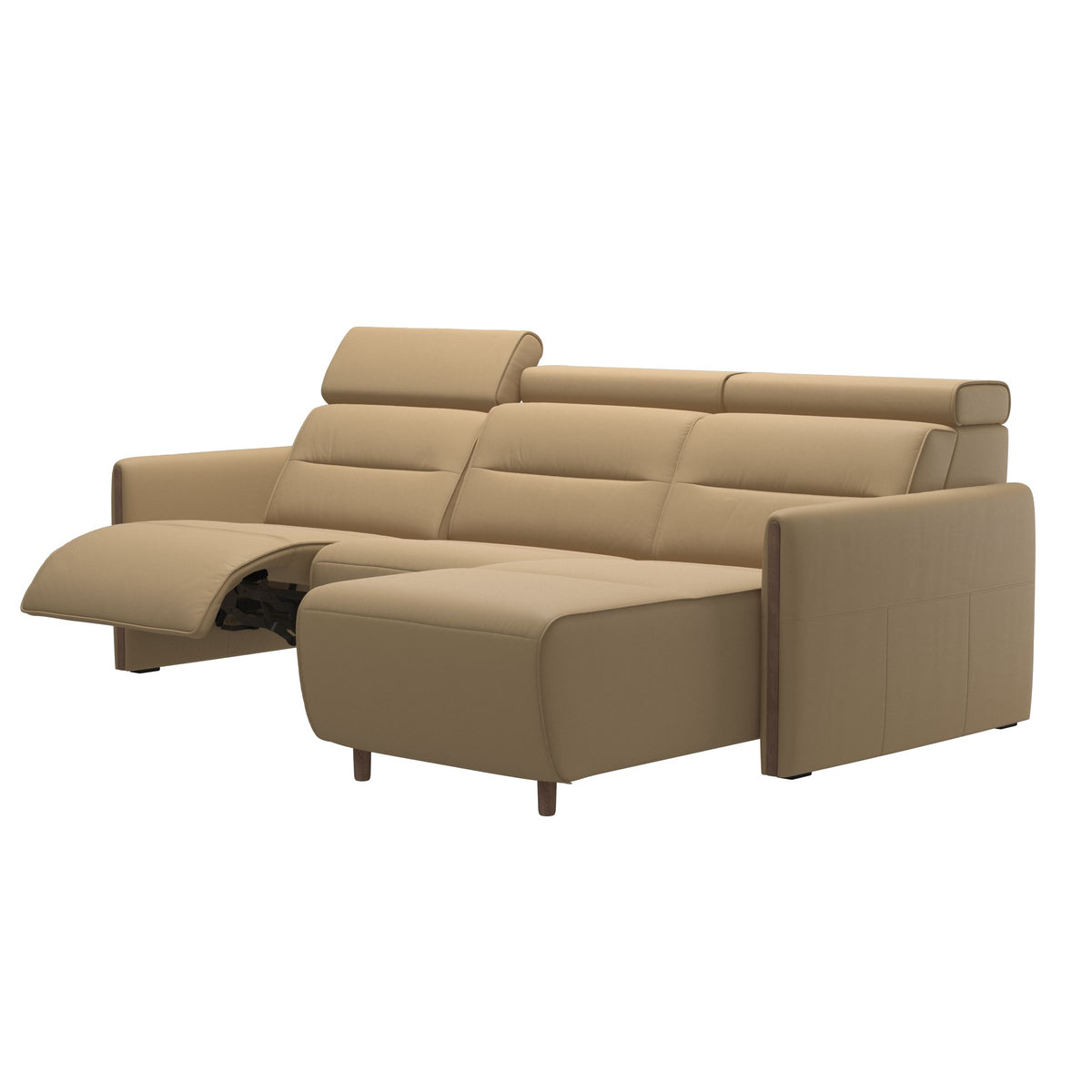 Emily Wood - 2-Seater Sofa with 1 Power Seat and 1 Long Seat - Paloma Sand - Walnut